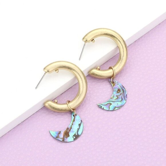 NEW Abalone Crescent Moon Hoop Earrings - Picture 1 of 9